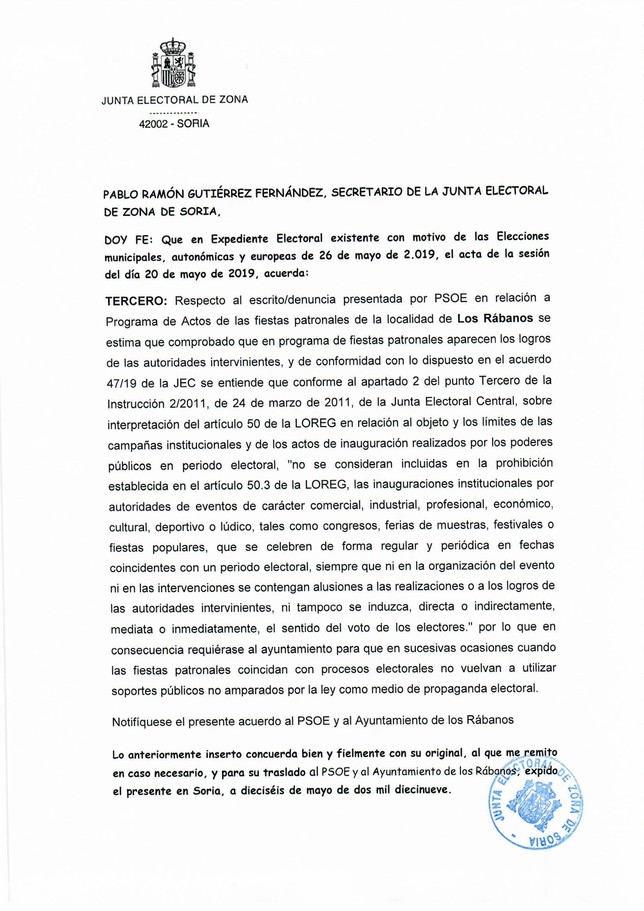 La Junta Electoral amonesta al Ayuntamiento de Los Rábanos